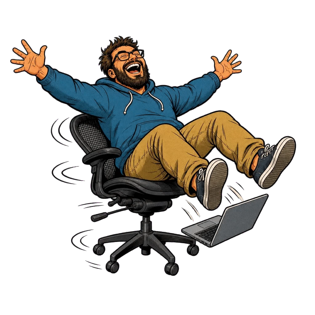 A developer mid-spin in an office chair, arms flung wide, laptop sliding off his knees