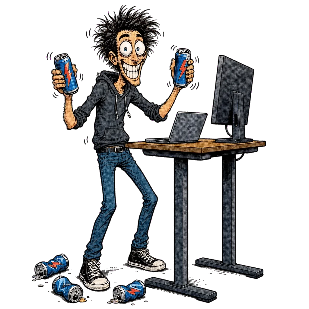 A wiry developer at a standing desk vibrating with caffeine, an energy drink in each hand