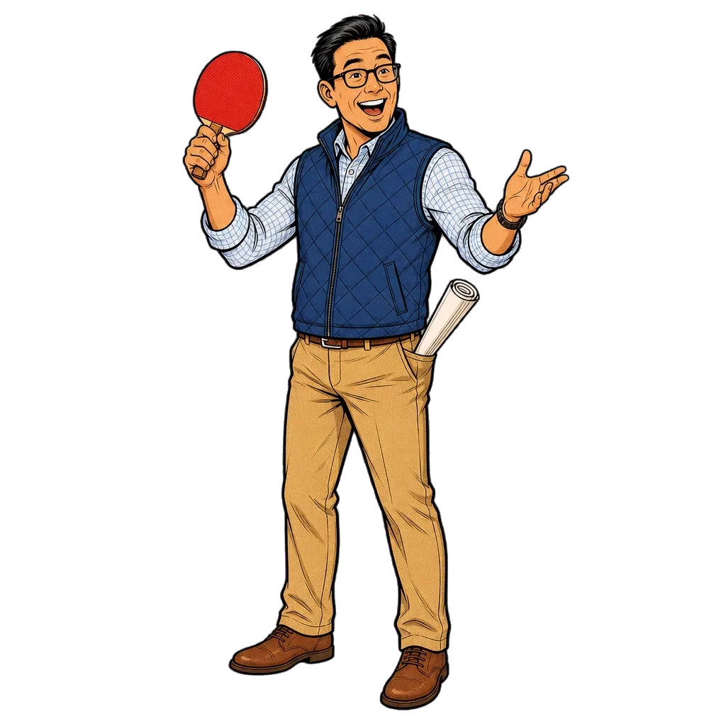 An engineering manager in a quilted vest holding a ping-pong paddle instead of a laptop