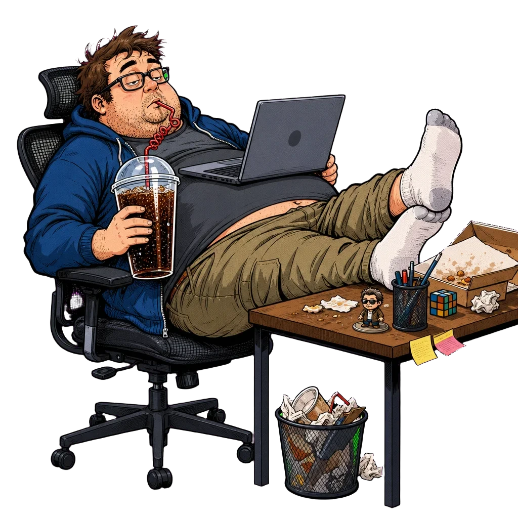 A heavyset developer slouched in a mesh office chair with a laptop on his belly and an enormous soda