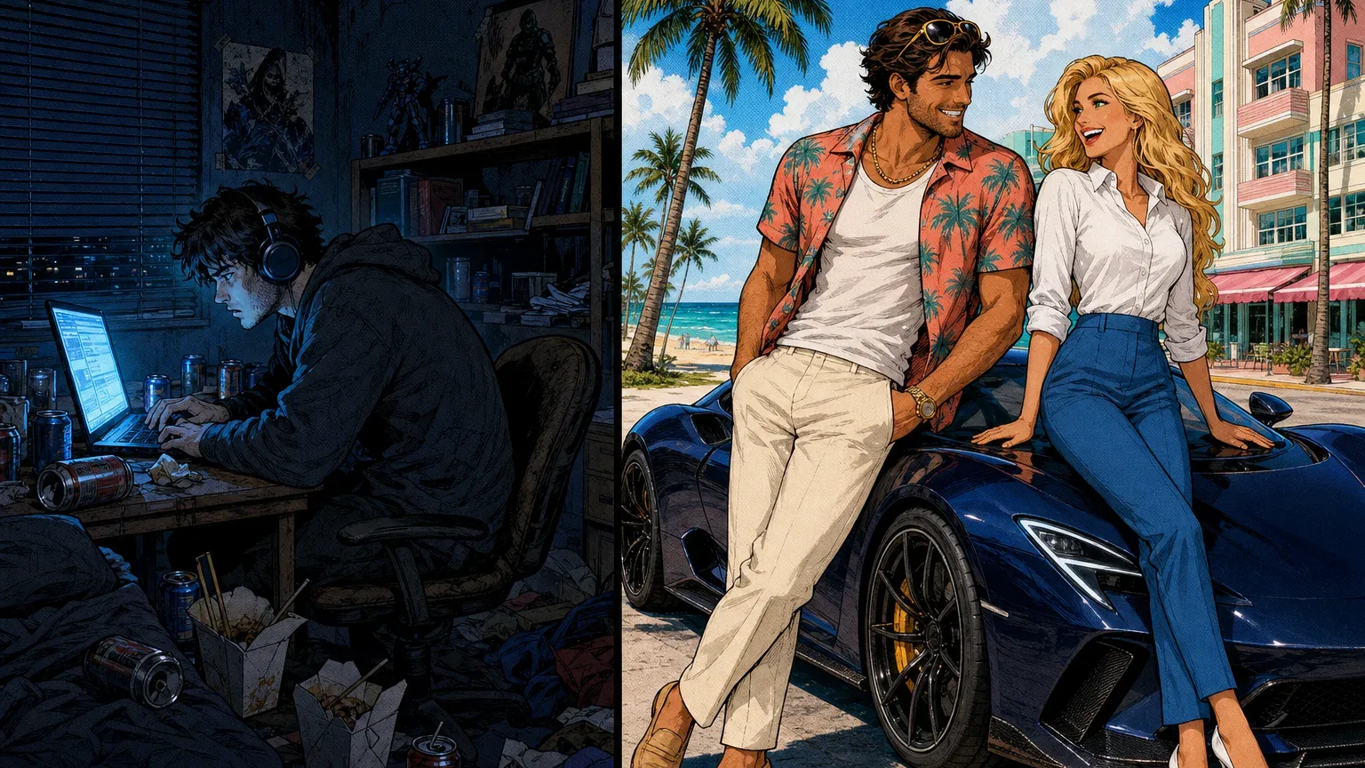 Left: a developer hunched over a laptop in a dark room full of empty cans. Right: Chase and Jessica laughing beside a hypercar on a sunny Miami street.